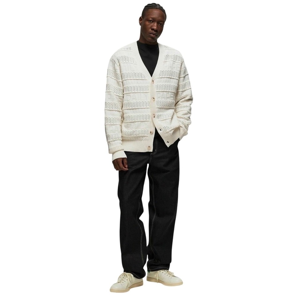 $196 Daily Paper Rajih Cotton All Over Logo Pointelle Knit Cardigan Mens L White - Picture 2 of 13